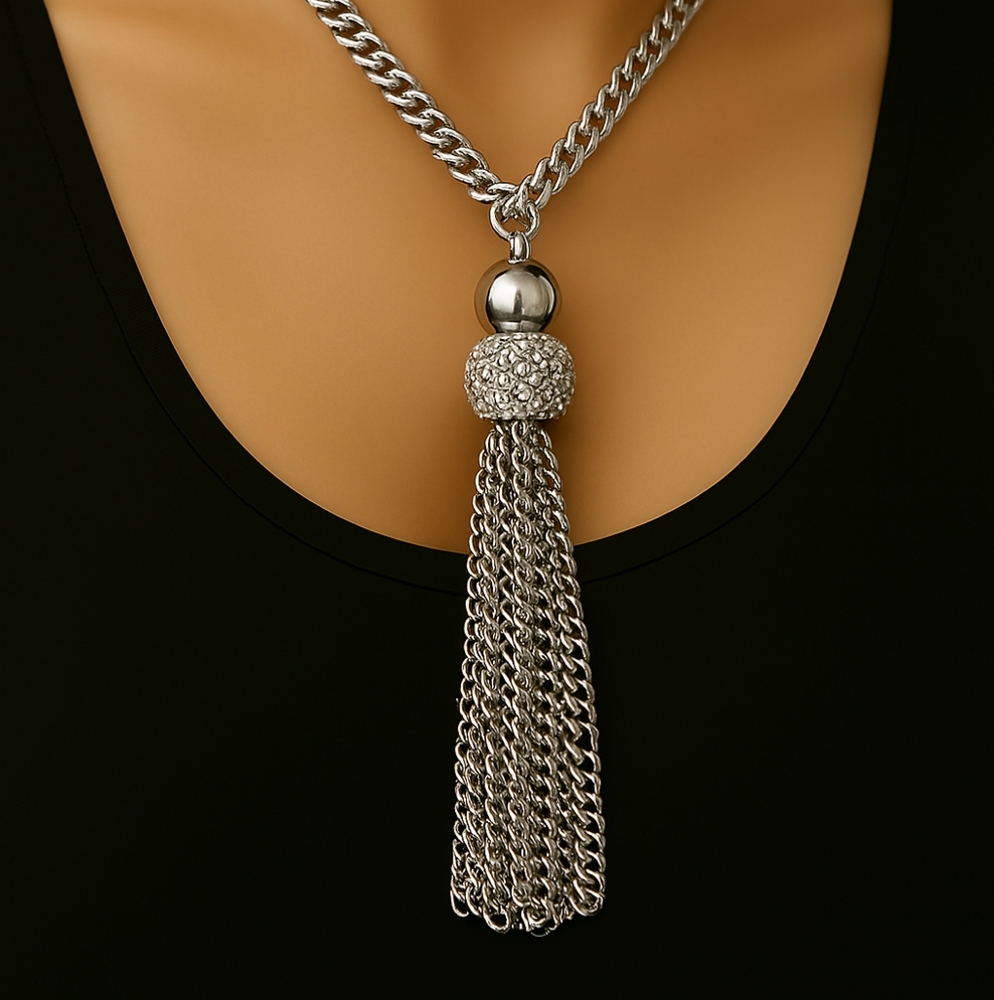 Silver Crystal Ball Tassel Fringed Necklace – Layered Long Statement Jewelry